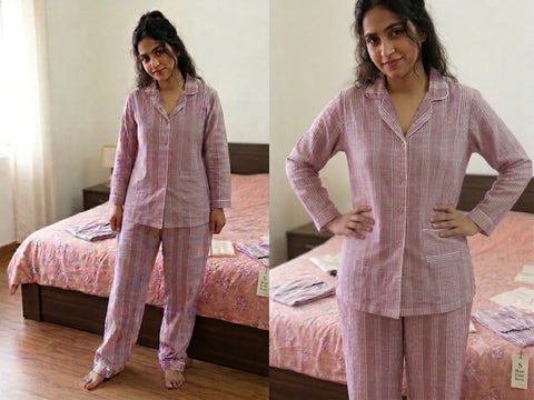Dusty Pink Striped Cotton Lawn Pajama Set - Full Sleeve Collar Nightwear with Pocket