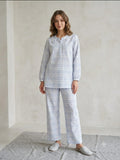 Sky Blue Checkered Cotton Lawn Henley Pajama Set - Full Sleeve Nightwear