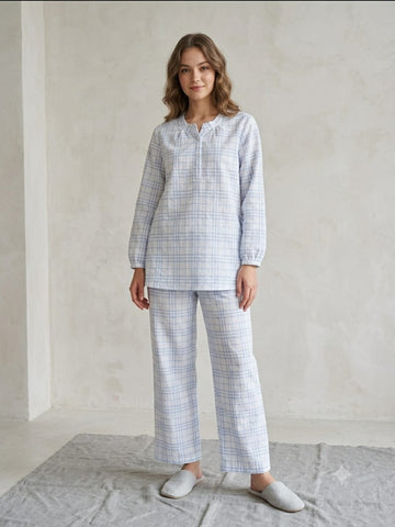 Sky Blue Checkered Cotton Lawn Henley Pajama Set - Full Sleeve Nightwear