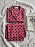 Women's Pink Polka Dot Cotton Pajama Set - Long Sleeve