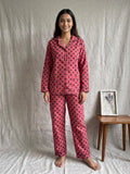 Women's Pink Polka Dot Cotton Pajama Set - Long Sleeve