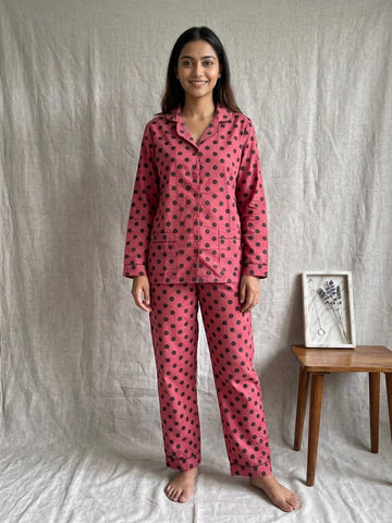 Women's Pink Polka Dot Cotton Pajama Set - Long Sleeve