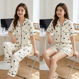 Women’s 3-Piece Heart Print Pajama Set – Short Sleeve Lapel Button-Down Shirt with Matching Trousers & Shorts Loungewear