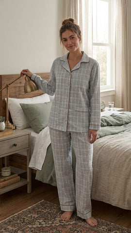 Women’s Long Sleeve Plaid Pajama Set – Classic Check Button-Down Shirt & Full-Length Trousers Loungewear