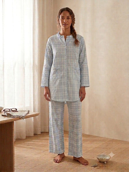 Sky Blue Checkered Lawn Nightwear 2 piece Set Frill Neck Sleepwear for Women