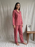 Women's Pink Polka Dot Cotton Pajama Set - Long Sleeve